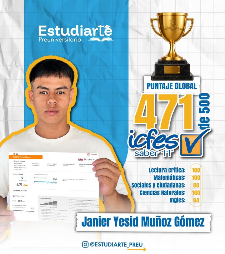Janier Yesid Muñoz Gómez, 471 de 500 en el Saber 11°